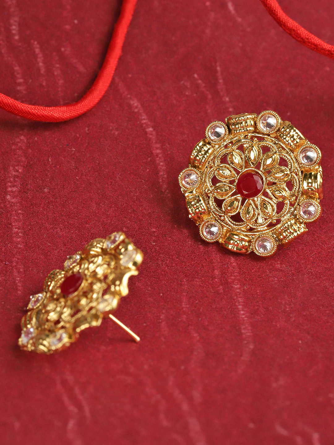 YouBella Red Gold-Plated Textured Circular Oversized Studs